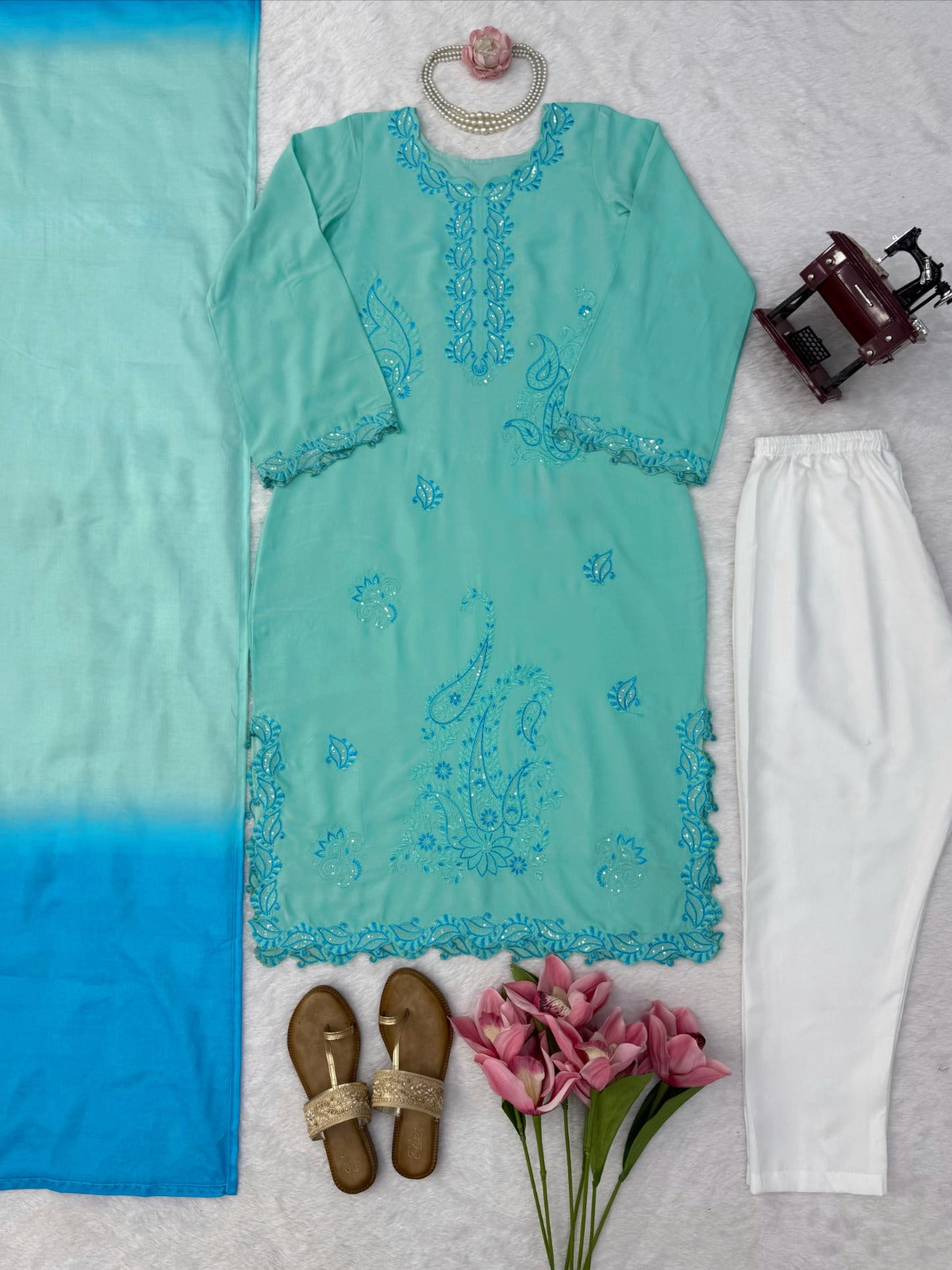 Women's Sea Green Embroidered Straight Kurta Set with Ombre Chiffon Dupatta | Elegant Party Wear Ethnic Suit
