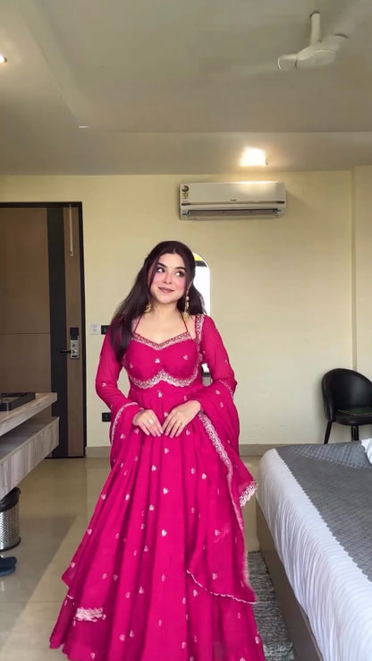 Women's Georgette Anarkali Suit Set with Dupatta & Pant | Embellished Party Wear Ethnic Dress