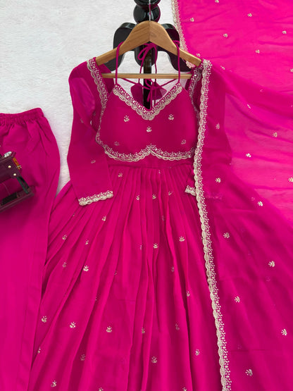 Women's Georgette Anarkali Suit Set with Dupatta & Pant | Embellished Party Wear Ethnic Dress
