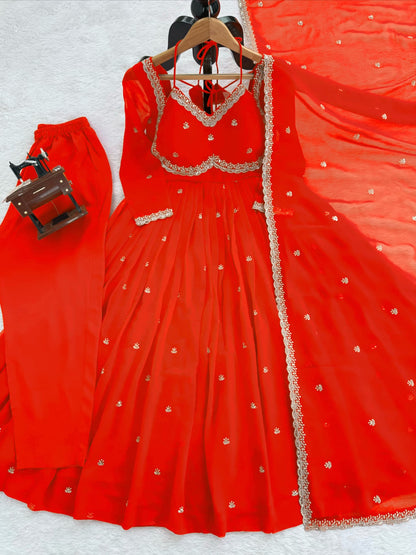 Women's Georgette Anarkali Suit Set with Dupatta & Pant | Embellished Party Wear Ethnic Dress