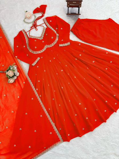 Women's Georgette Anarkali Suit Set with Dupatta & Pant | Embellished Party Wear Ethnic Dress