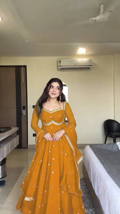 Women's Georgette Anarkali Suit Set with Dupatta & Pant | Embellished Party Wear Ethnic Dress