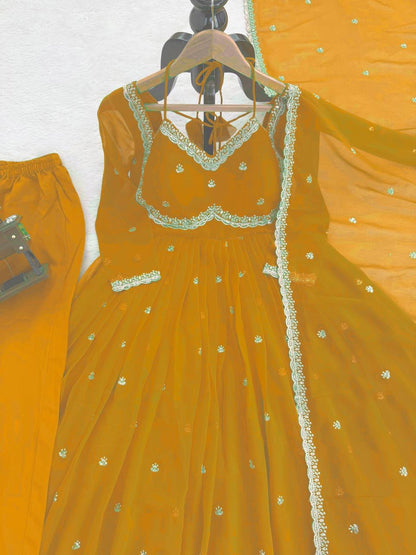 Women's Georgette Anarkali Suit Set with Dupatta & Pant | Embellished Party Wear Ethnic Dress