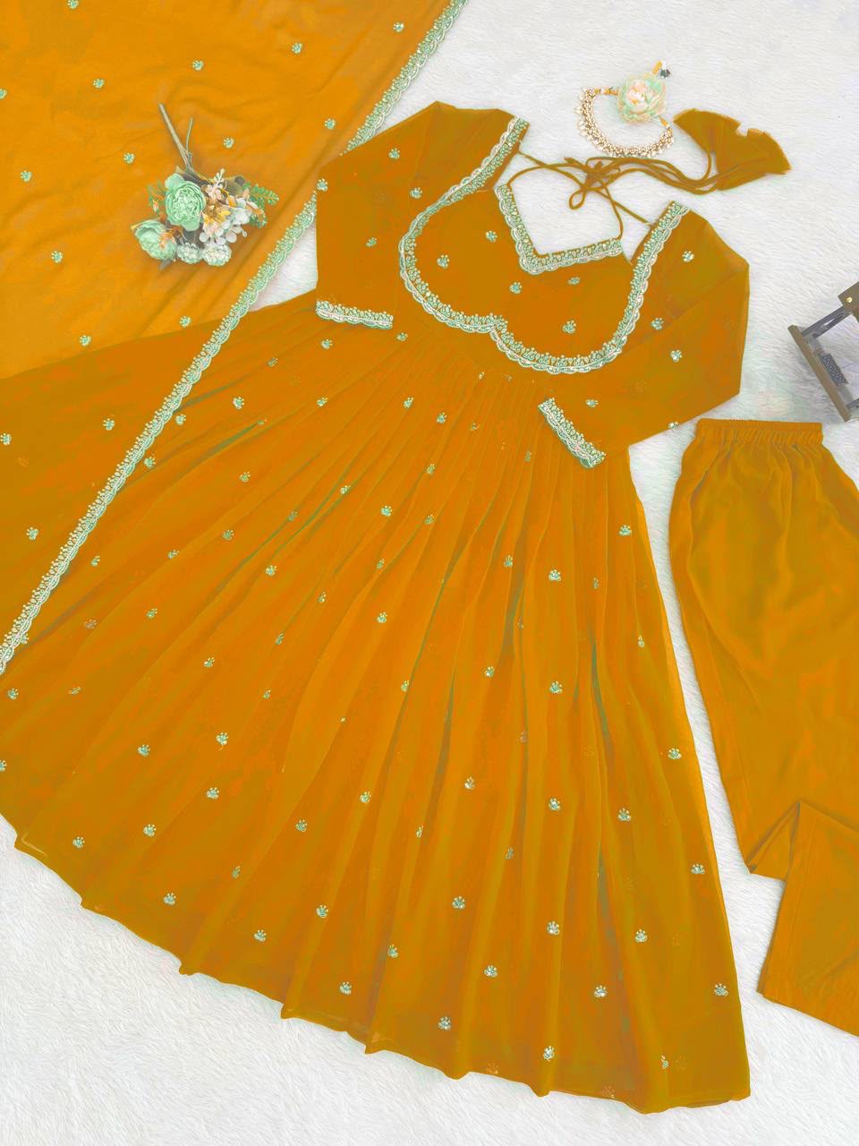 Women's Georgette Anarkali Suit Set with Dupatta & Pant | Embellished Party Wear Ethnic Dress