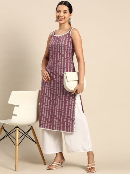 Pehraavii Women Mauve Printed Sleeveless Straight Kurta