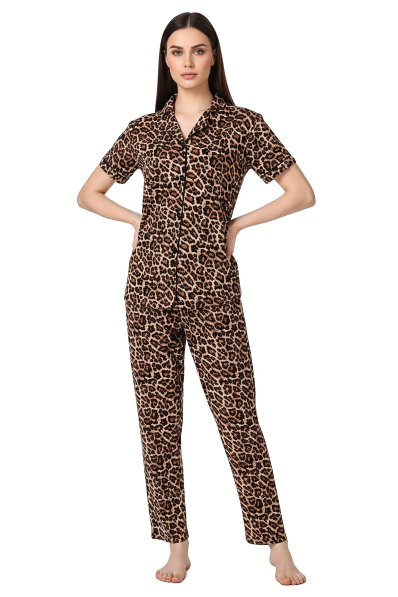 Woman wearing leopard print pajama set on a white background