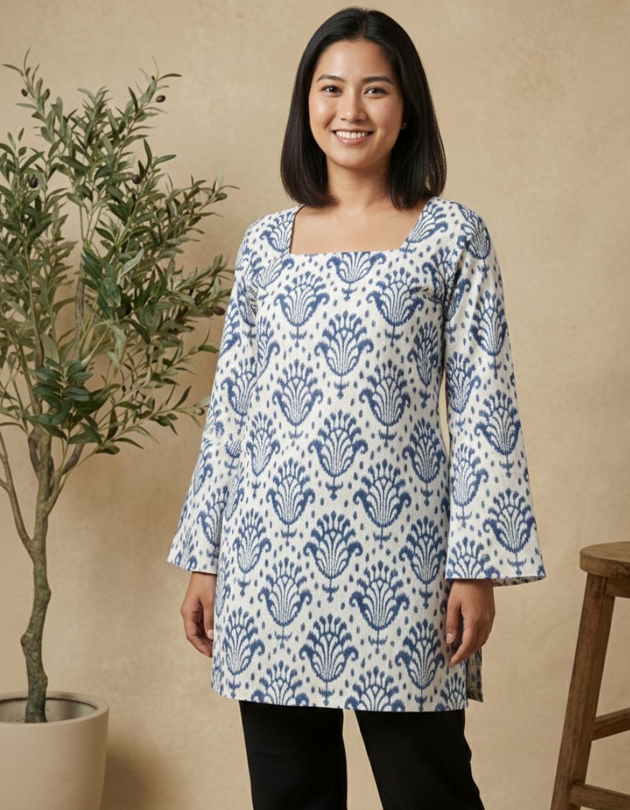Pehraavii Women White Blue Motif Print Full Sleeves Straight Kurti