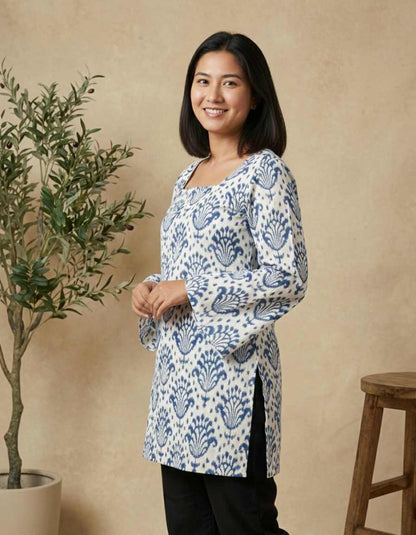 Pehraavii Women White Blue Motif Print Full Sleeves Straight Kurti