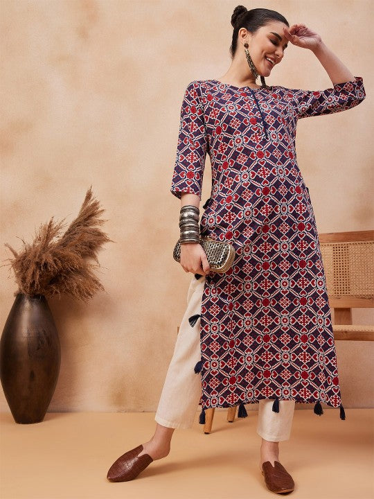 Pehraavii Women Blue Printed Straight Kurta