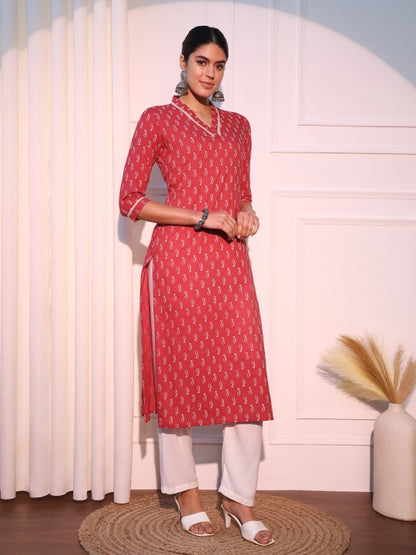 Pehraavii Women Red Printed V-Neck Straight Kurta