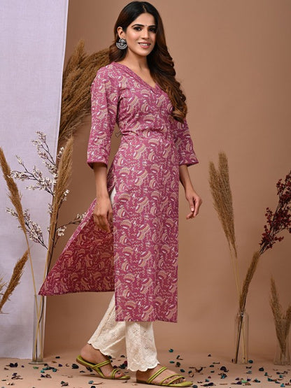 Pehraavii Women Purple Printed V-Neck Straight Kurta
