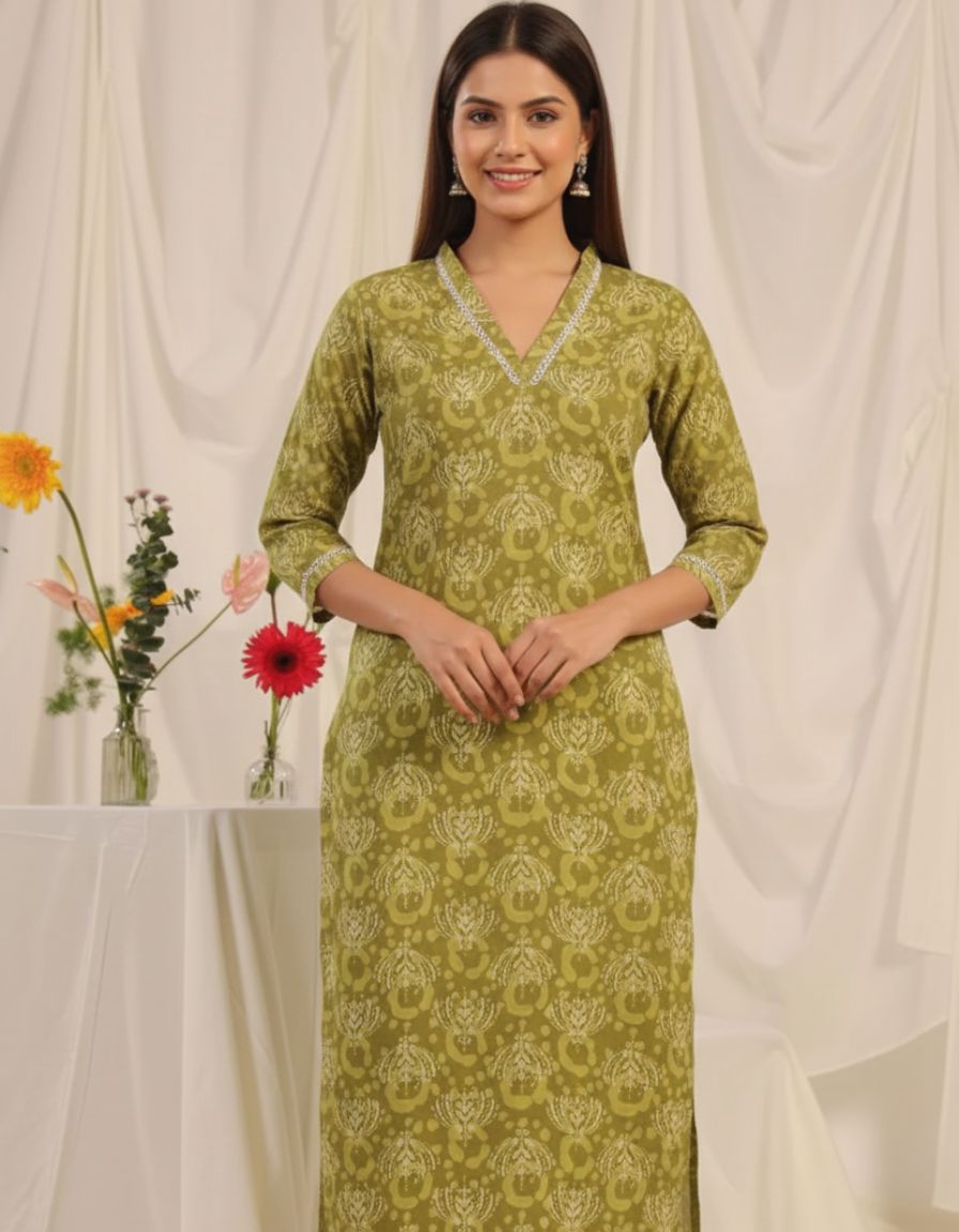 Pehraavii Women Olive Green Printed V-Neck Straight Kurta