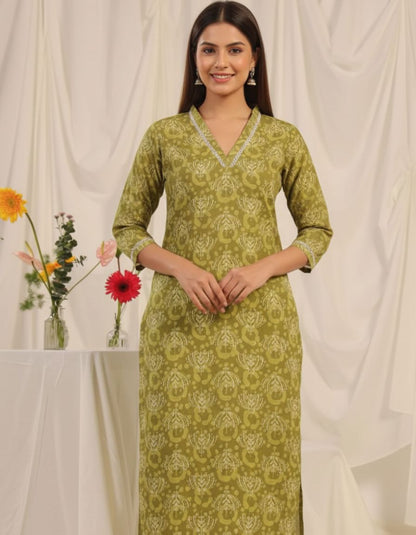 Pehraavii Women Olive Green Printed V-Neck Straight Kurta