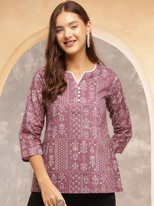 Pehraavii Women Mauve Printed Round Neck Top