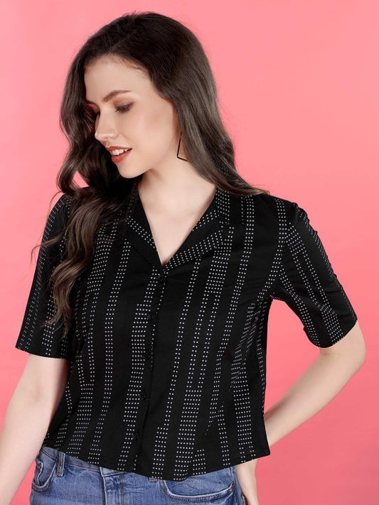 Pehraavii Women Black Printed Shirt Collar Top