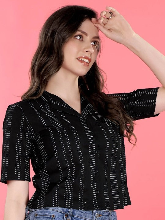 Pehraavii Women Black Printed Shirt Collar Top