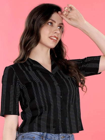 Pehraavii Women Black Printed Shirt Collar Top