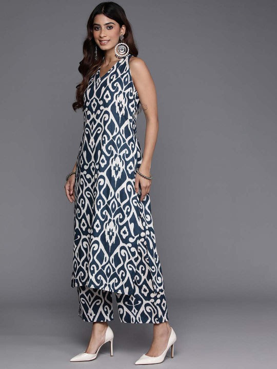 Pehraavii Navy Blue Printed Sleeveless Kurta Pant Set
