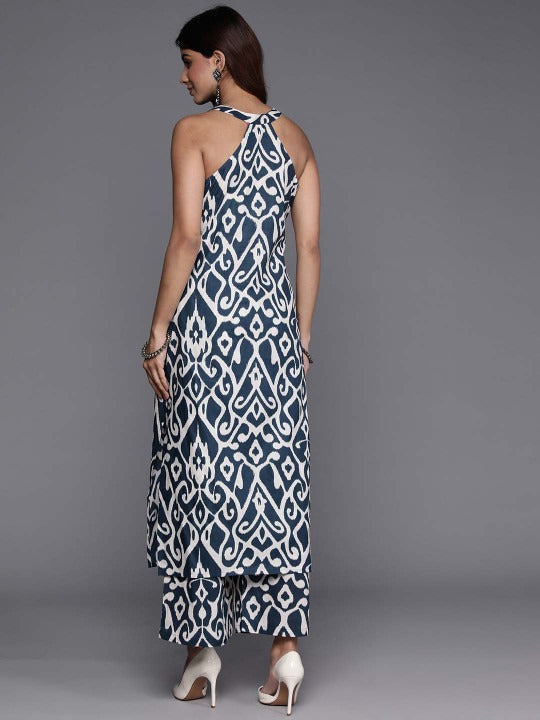 Pehraavii Navy Blue Printed Sleeveless Kurta Pant Set