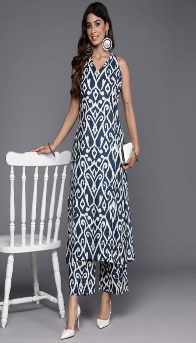 Pehraavii Navy Blue Printed Sleeveless Kurta Pant Set