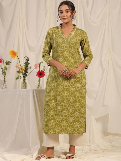 Pehraavii Women Olive Green Printed V-Neck Straight Kurta