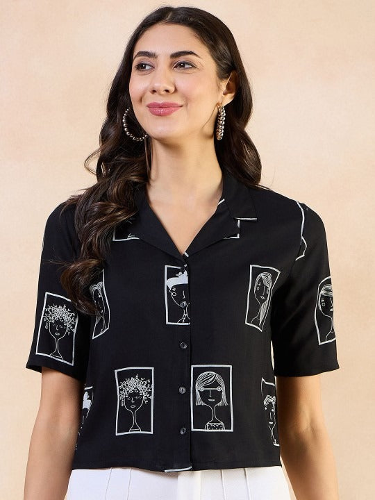 Pehraavii Women Black Printed Shirt Collar Top