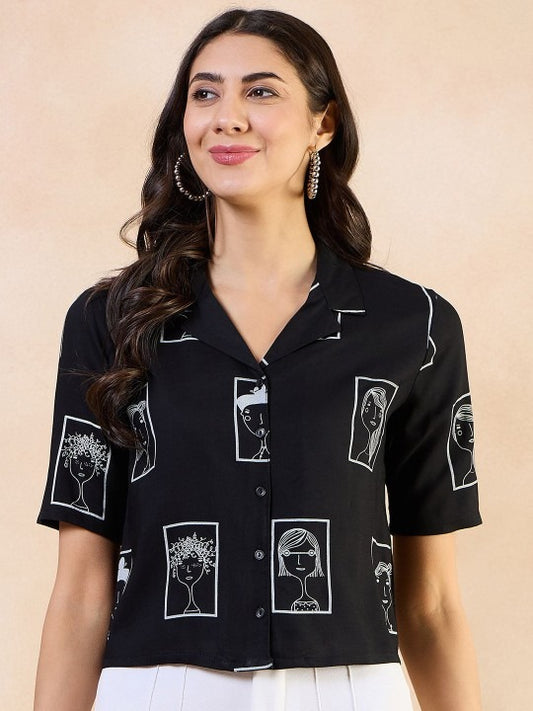 Pehraavii Women Black Printed Shirt Collar Top