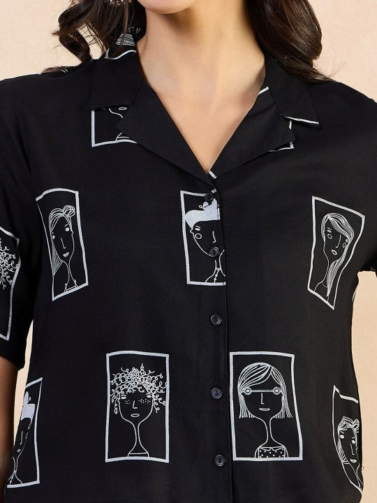 Pehraavii Women Black Printed Shirt Collar Top