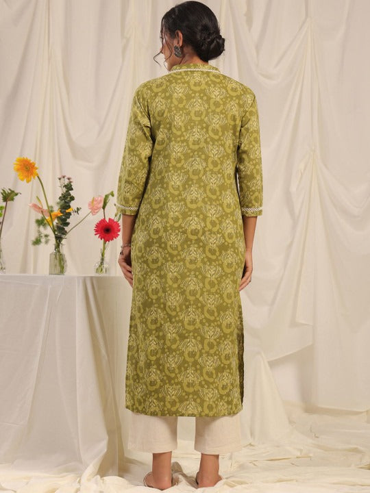 Pehraavii Women Olive Green Printed V-Neck Straight Kurta