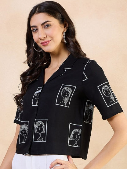 Pehraavii Women Black Printed Shirt Collar Top