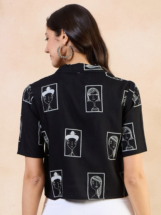 Pehraavii Women Black Printed Shirt Collar Top
