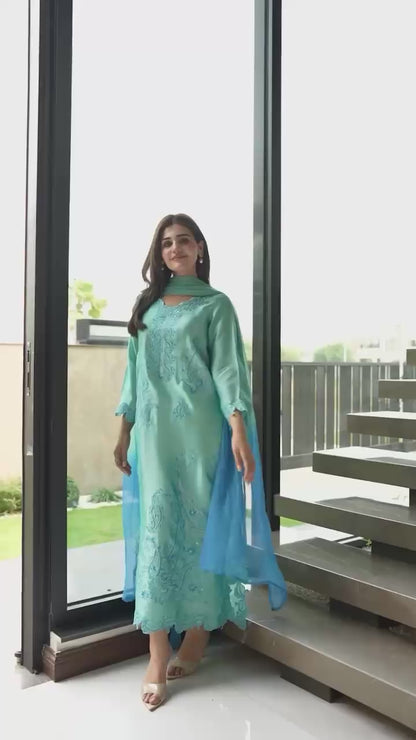 Women's Sea Green Embroidered Straight Kurta Set with Ombre Chiffon Dupatta | Elegant Party Wear Ethnic Suit