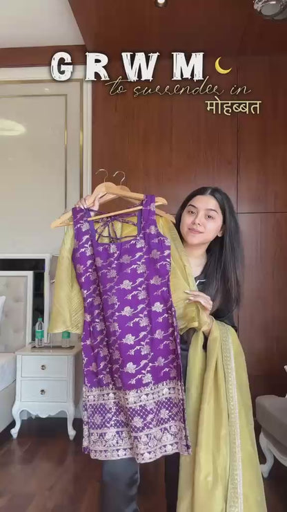 Women's Purple Banarasi Kurta Set with Yellow Palazzo & Organza Dupatta | Jacquard Ethnic Party Wear Suit